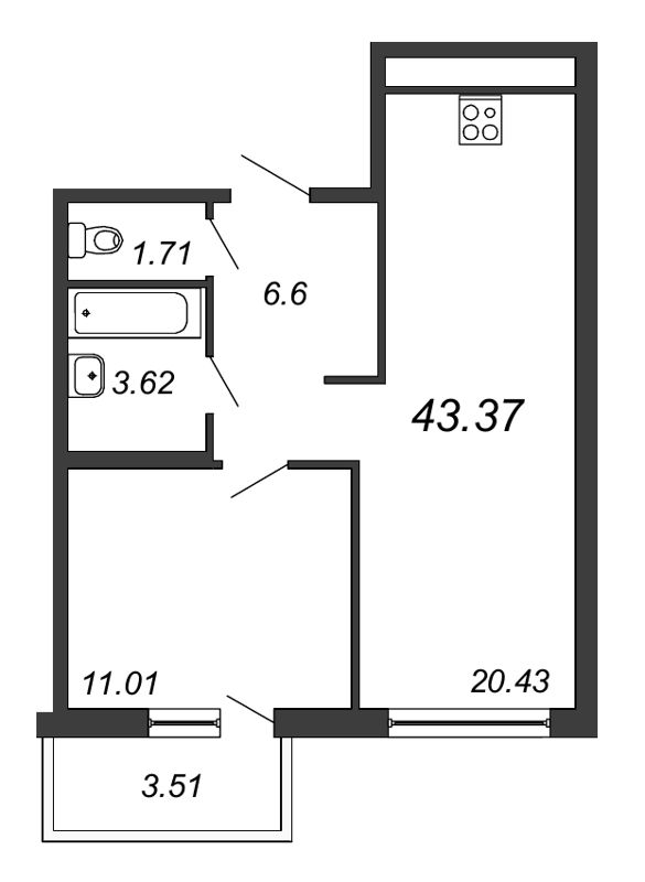 1-комнатная, 43 м² — ЖК ЖК Legenda Героев