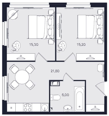 2-комнатная, 58.3 м² — ЖК ЖК «Апартаменты Интуит (IN2IT)»