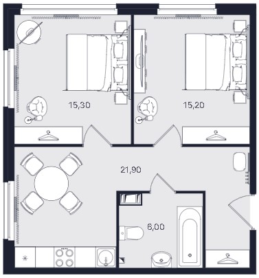 2-комнатная, 58.4 м² — ЖК ЖК «Апартаменты Интуит (IN2IT)»