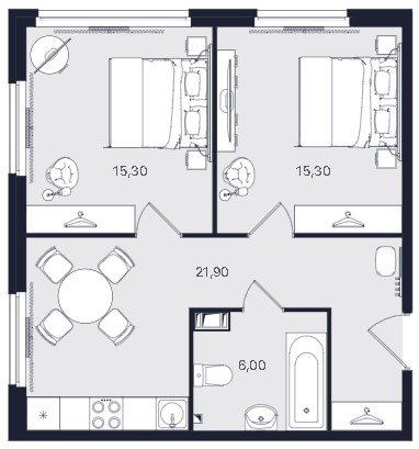2-комнатная, 58.5 м² — ЖК ЖК «Апартаменты Интуит (IN2IT)»