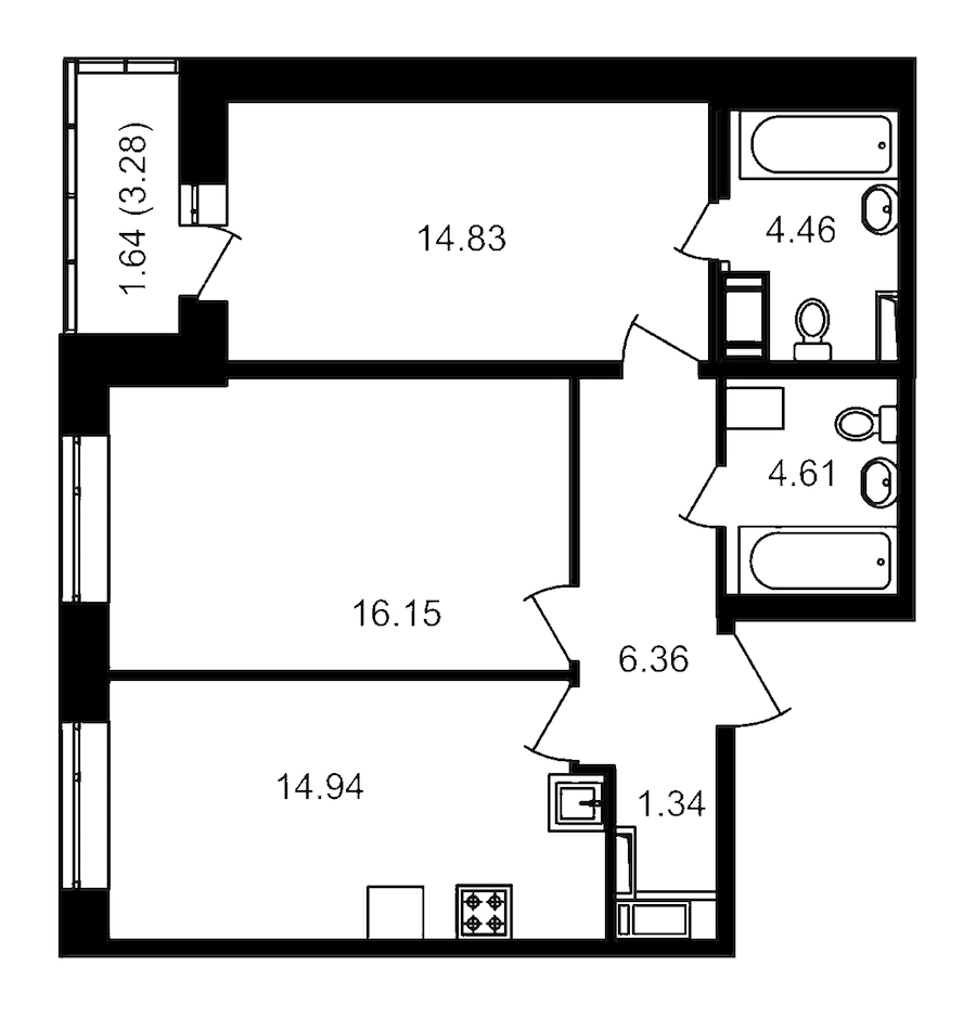 2-комнатная, 66 м² — ЖК ЖК Елизаровский