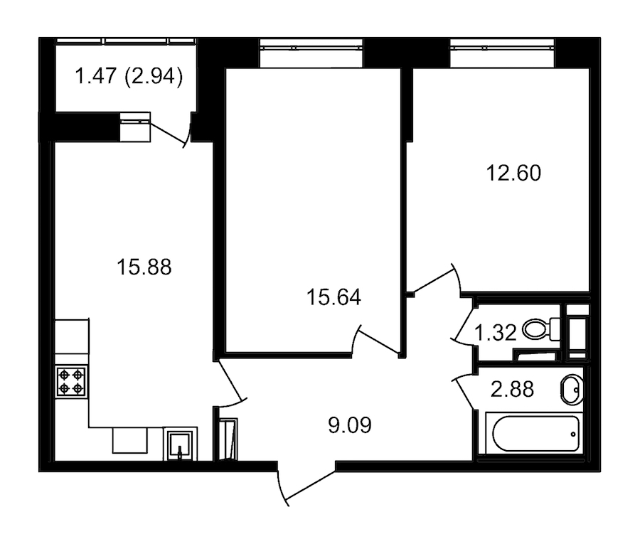 2-комнатная, 60 м² — ЖК ЖК Елизаровский