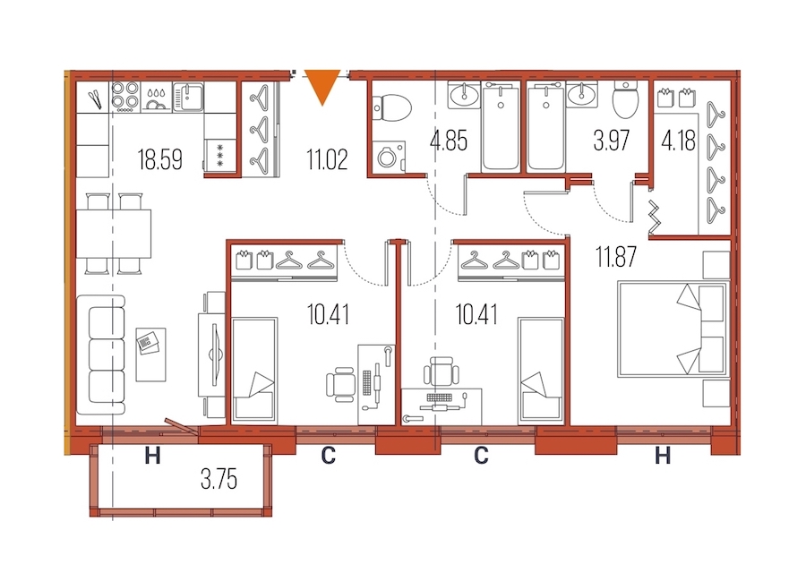 3-комнатная, 75 м² — ЖК ЖК Legenda Героев