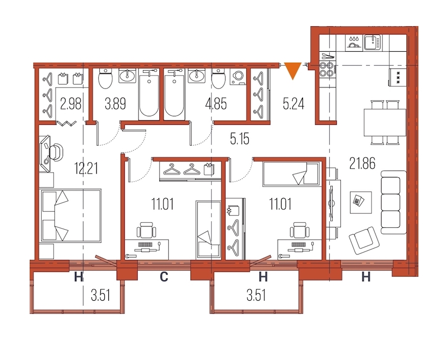 3-комнатная, 78 м² — ЖК ЖК Legenda Героев