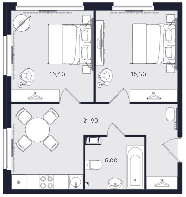 2-комнатная, 58.6 м² — ЖК ЖК «Апартаменты Интуит (IN2IT)»