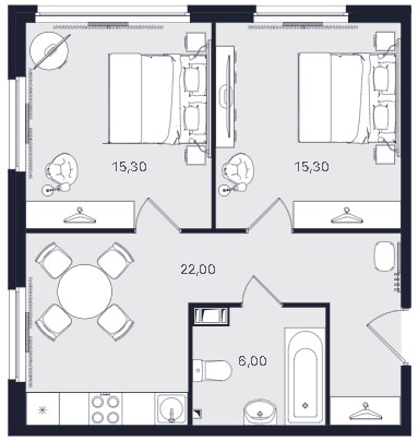 2-комнатная, 58.6 м² — ЖК ЖК «Апартаменты Интуит (IN2IT)»