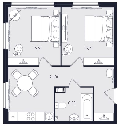 2-комнатная, 58.7 м² — ЖК ЖК «Апартаменты Интуит (IN2IT)»