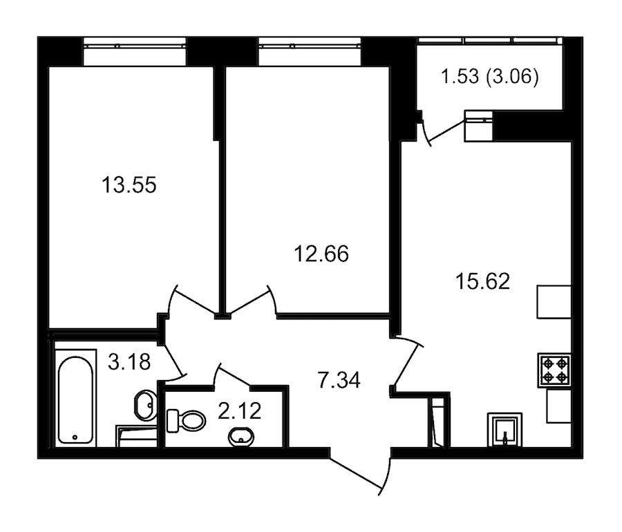 2-комнатная, 58 м² — ЖК ЖК Елизаровский