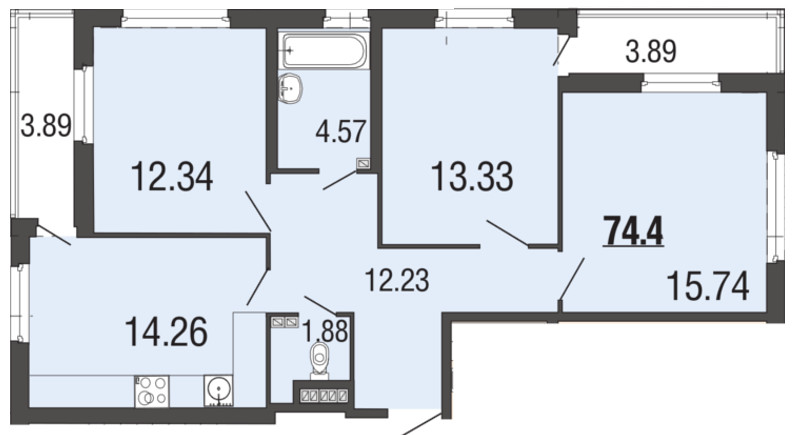 3-комнатная, 74 м² — ЖК ЖК ЭкоСити