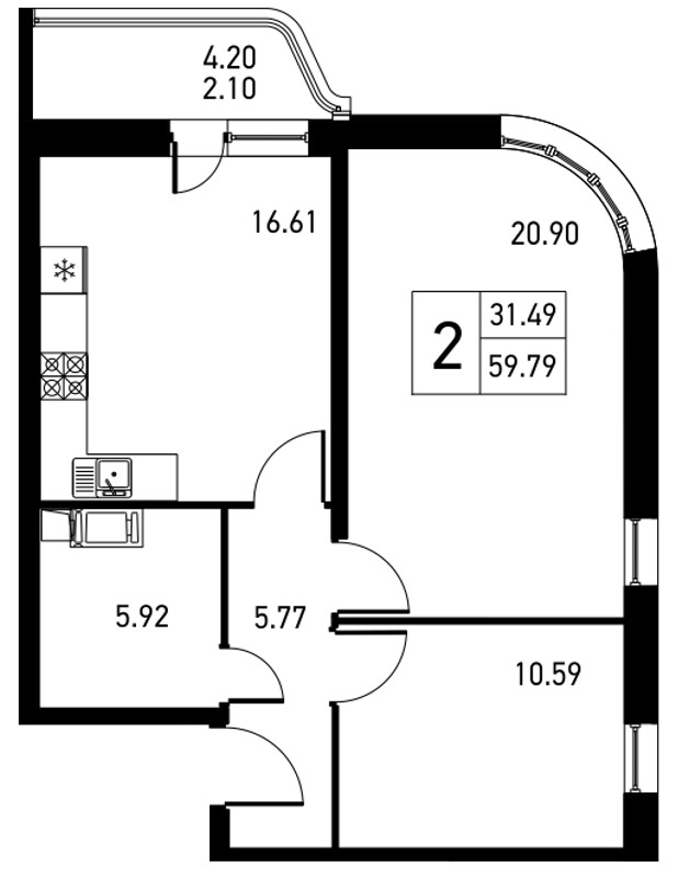 2-комнатная, 62 м² — ЖК ЖК Дом на Львовской