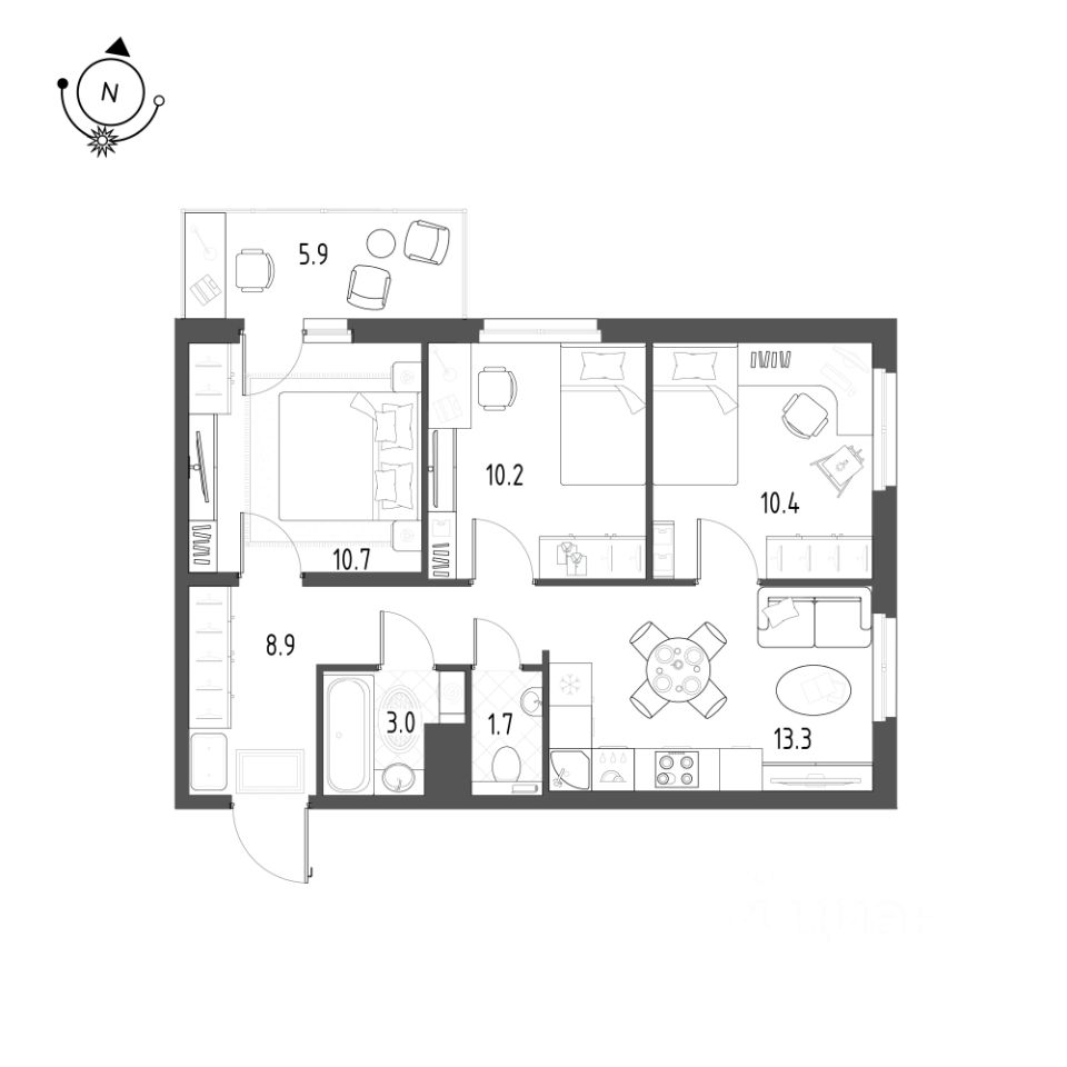 3-комнатная, 59.5 м² — ЖК ЖК Новоорловский