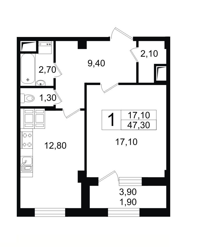 1-комнатная, 47 м² — ЖК ЖК Времена года