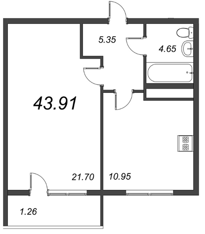 1-комнатная, 44 м² — ЖК ЖК Дом на Космонавтов