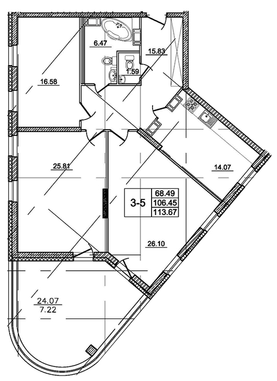 3-комнатная, 106 м² — ЖК Апарт-отель у Ратуши (на улице Моисеенко)