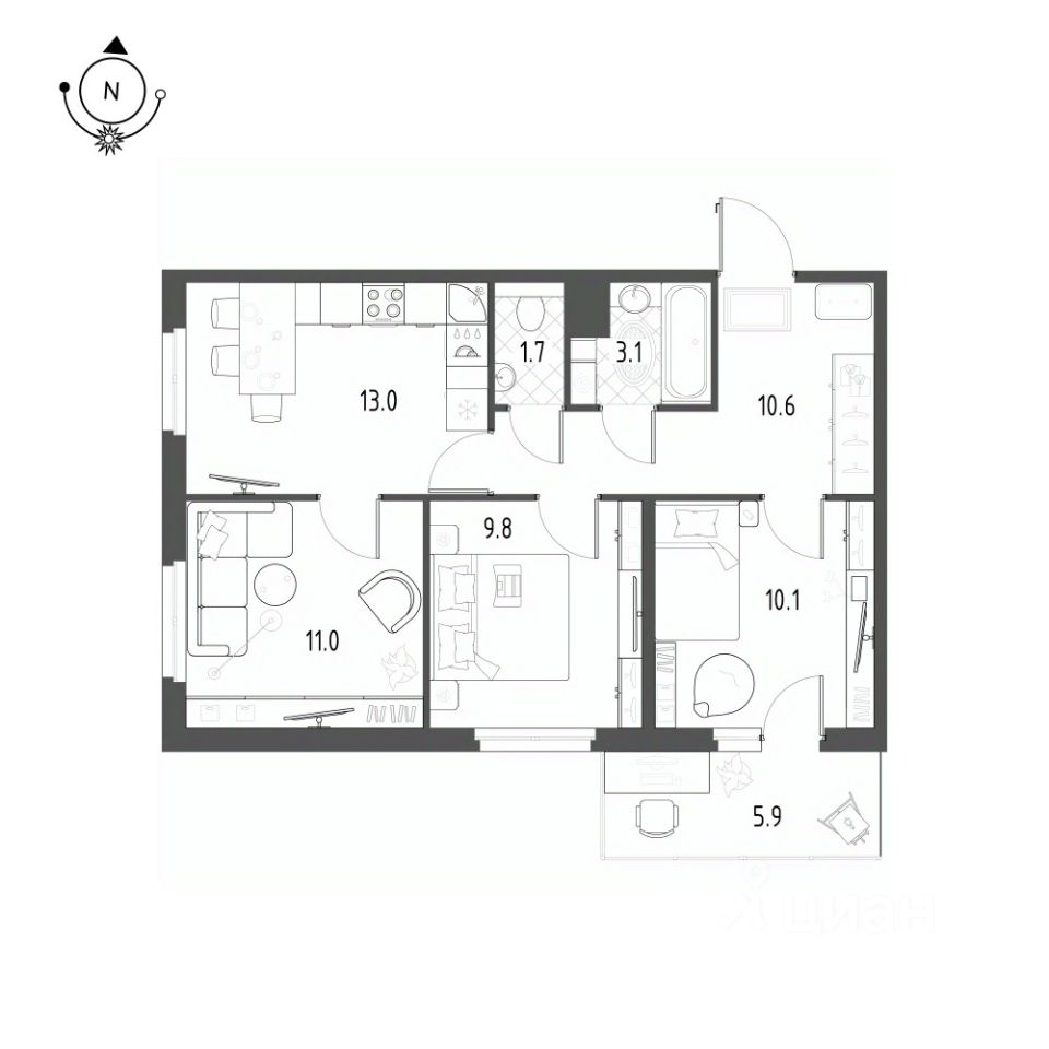 3-комнатная, 61 м² — ЖК ЖК Новоорловский