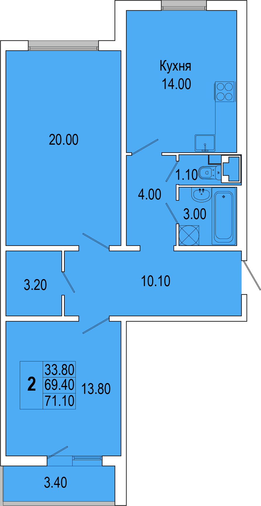 2-комнатная, 71 м² — ЖК Жилой дом Полководец