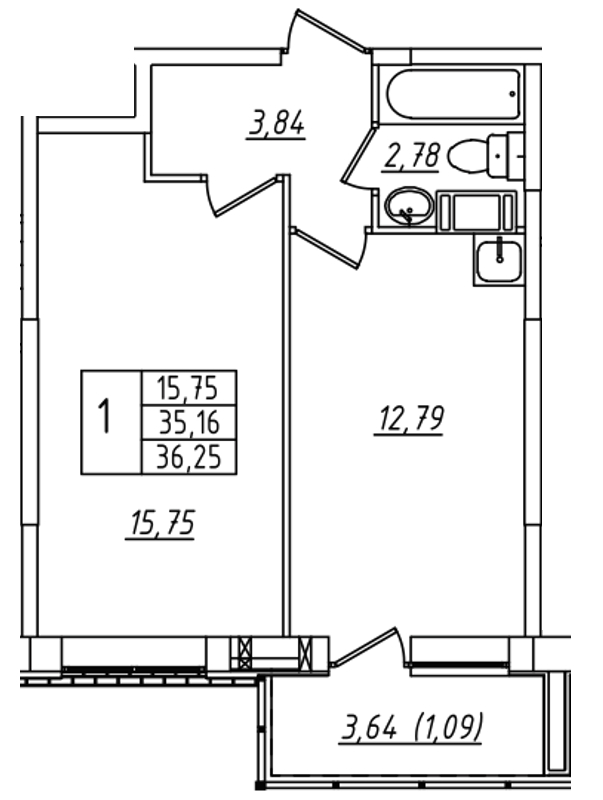 1-комнатная, 36 м² — ЖК ЖК Лиговский сити - Второй квартал (Ligovsky City)