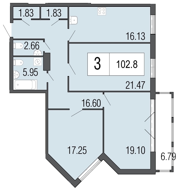 3-комнатная, 103 м² — ЖК Дом Биография