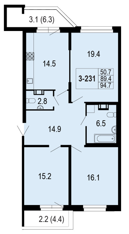 3-комнатная, 95 м² — ЖК ЖК Жемчужный берег