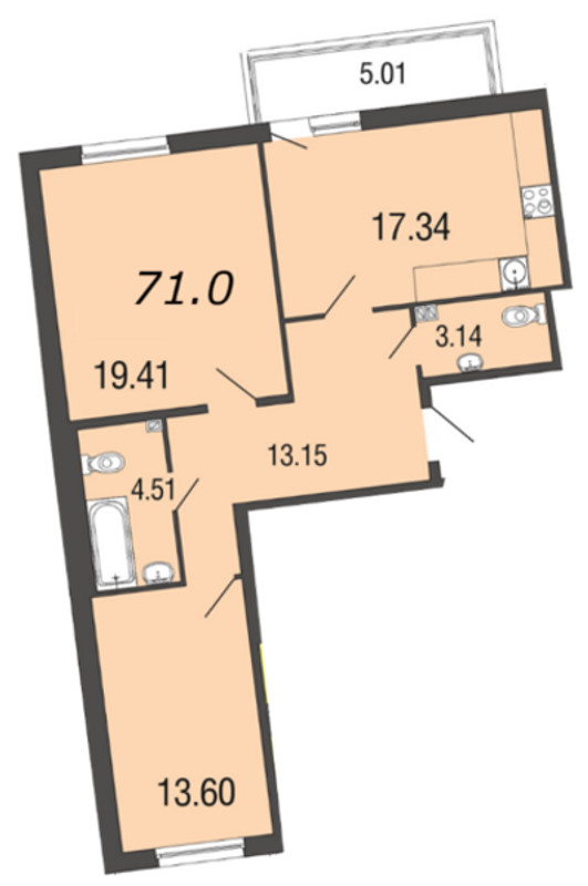 2-комнатная, 71 м² — ЖК ЖК ЭкоСити