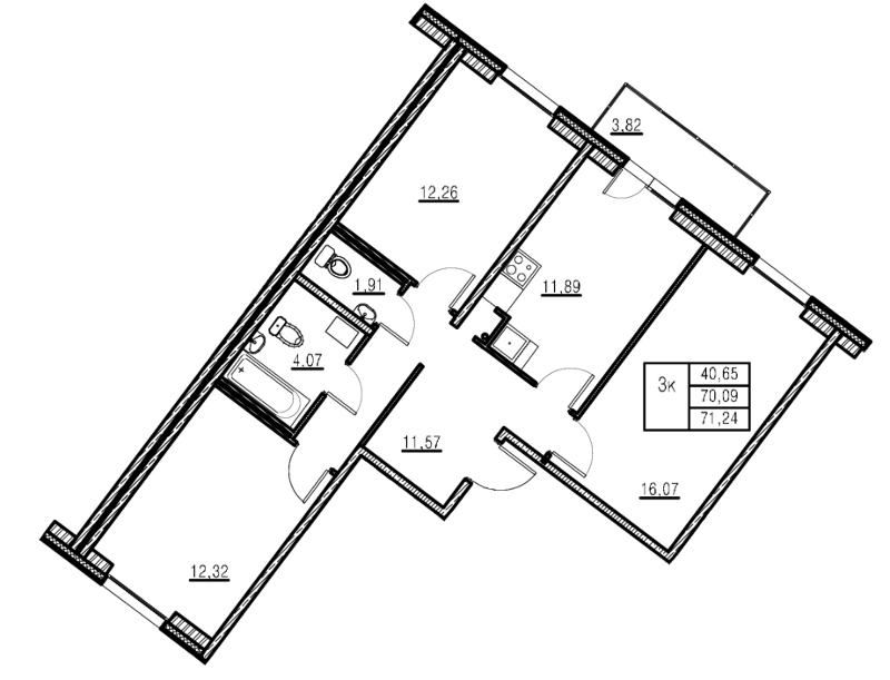 3-комнатная, 71 м² — ЖК ЖК Кудрово