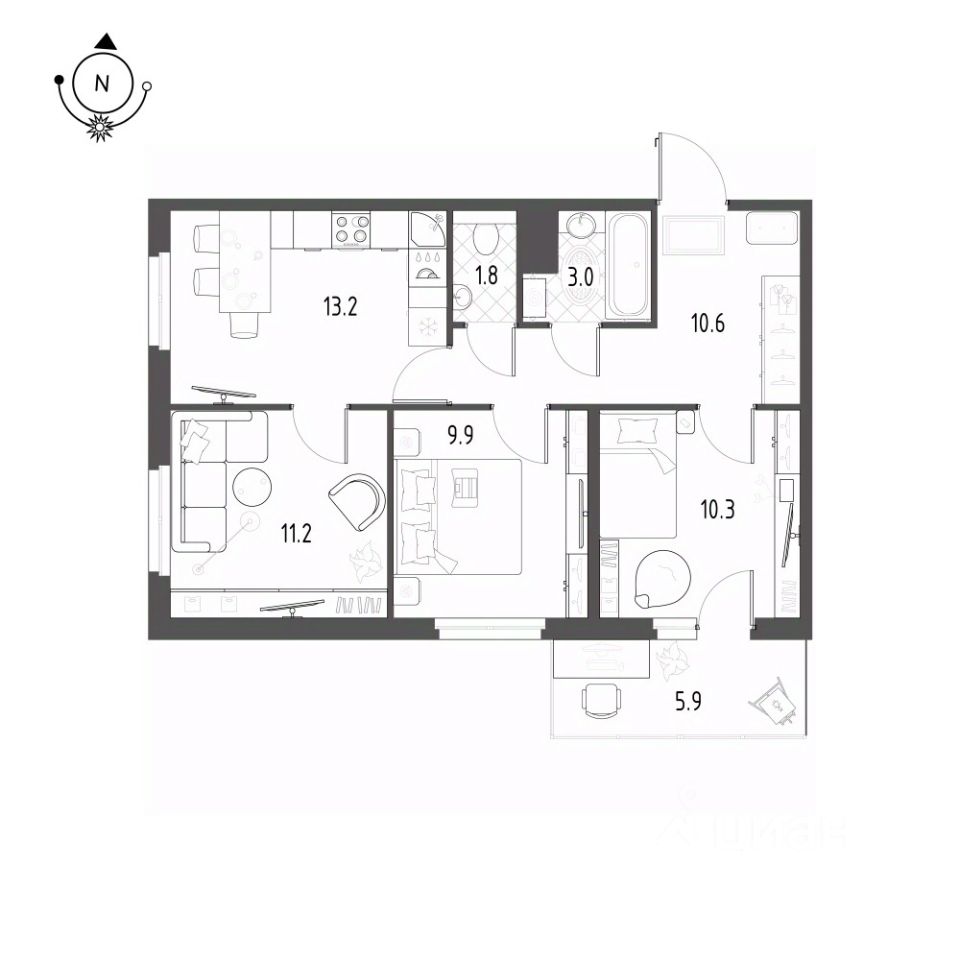 3-комнатная, 61.3 м² — ЖК ЖК Новоорловский