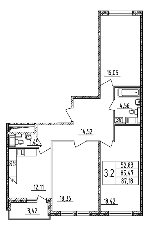 3-комнатная, 85 м² — ЖК Жилой квартал Палацио