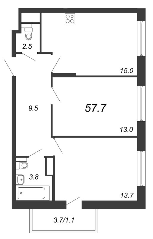 2-комнатная, 58 м² — ЖК ЖК Дом на Блюхера