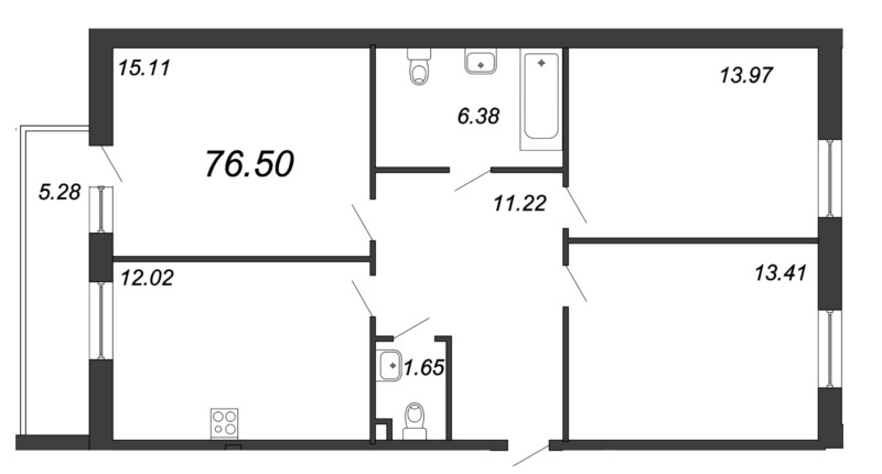 3-комнатная, 77 м² — ЖК Ап-квартал Комендантский (Up-квартал Комендантский)