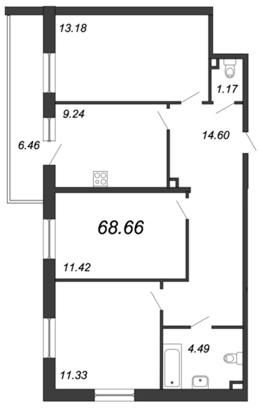 3-комнатная, 69 м² — ЖК Ап-квартал Комендантский (Up-квартал Комендантский)