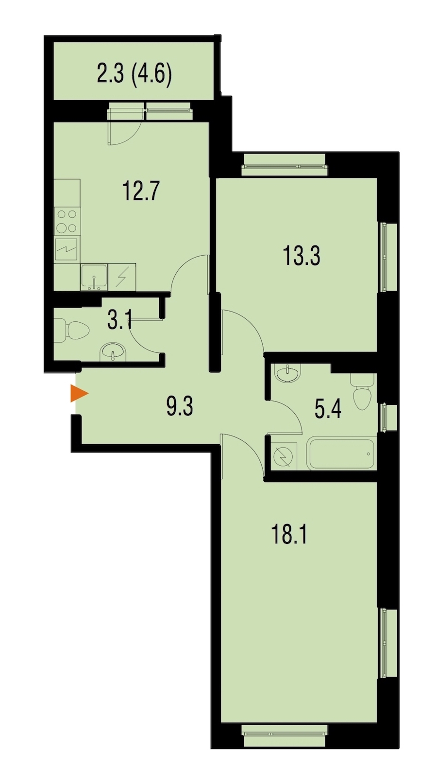 2-комнатная, 64 м² — ЖК ЖК Жемчужный Каскад