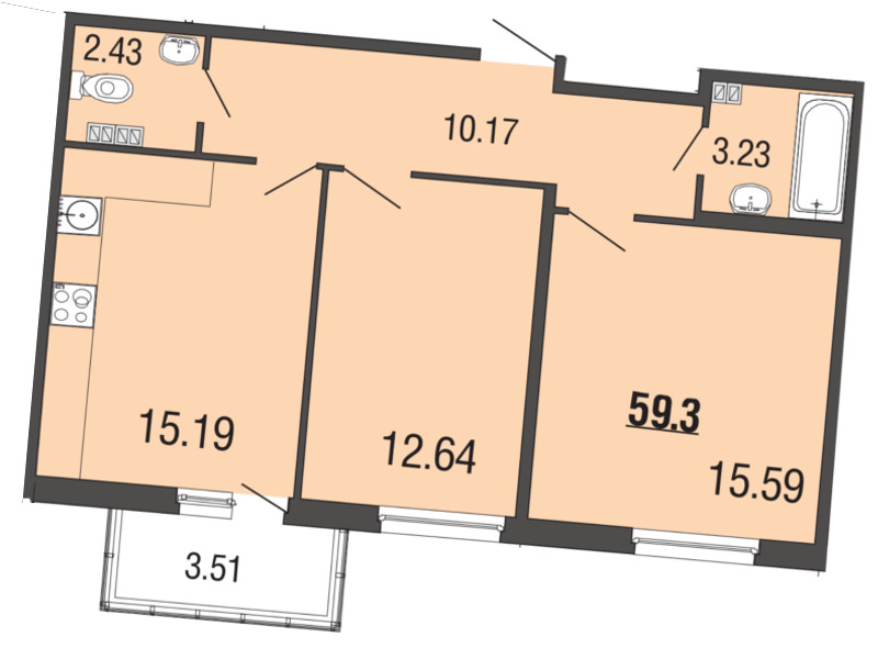 2-комнатная, 59 м² — ЖК ЖК ЭкоСити
