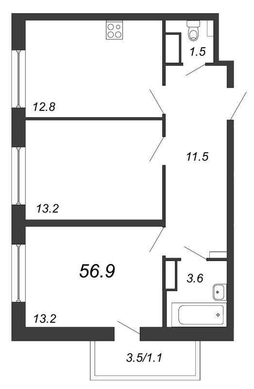 2-комнатная, 57 м² — ЖК ЖК Дом на Блюхера