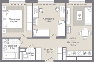 2-комнатная, 64 м² — ЖК ЖК Коллонтай, 2