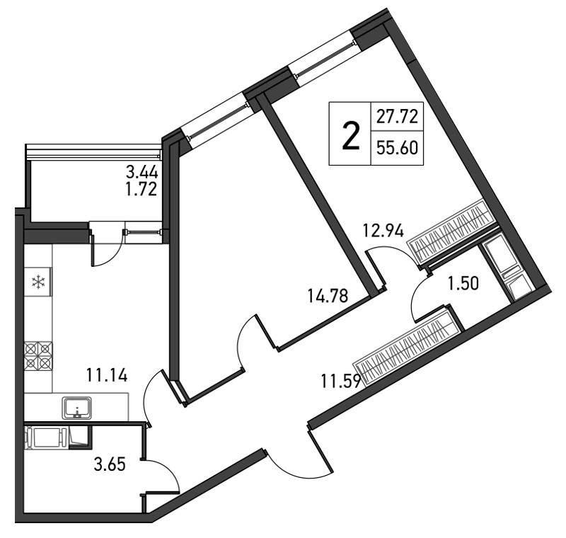 2-комнатная, 57 м² — ЖК ЖК Дом на Львовской