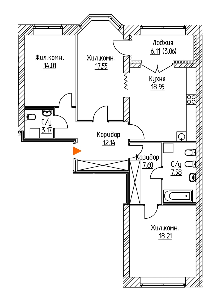 3-комнатная, 102 м² — ЖК ЖК Новое Купчино