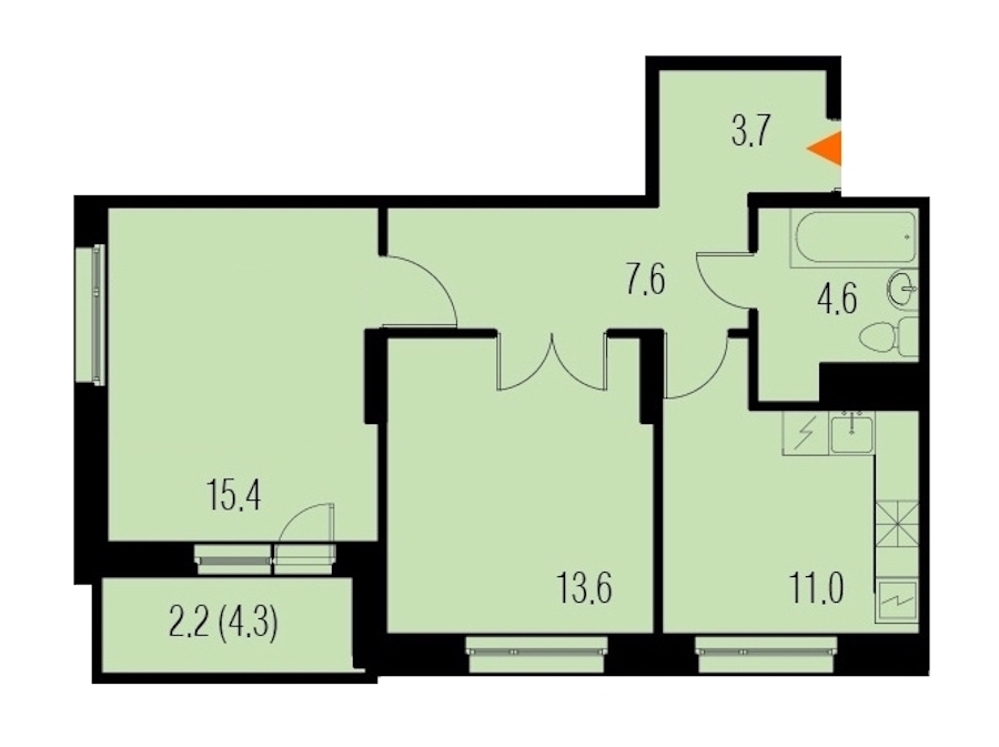 2-комнатная, 58 м² — ЖК ЖК Жемчужный Каскад