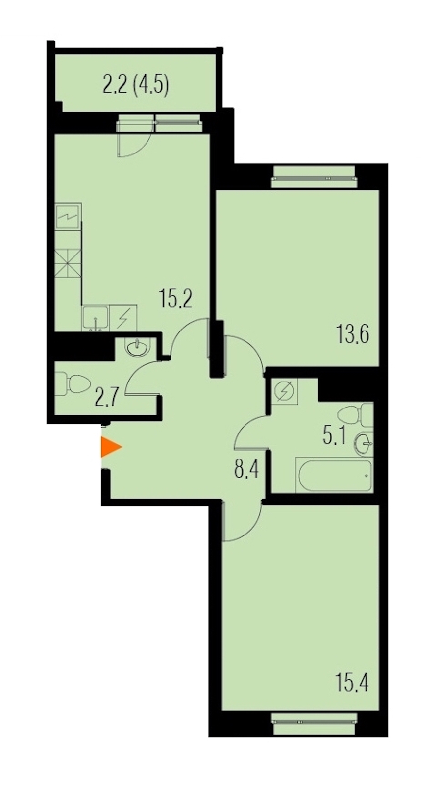 2-комнатная, 63 м² — ЖК ЖК Жемчужный Каскад