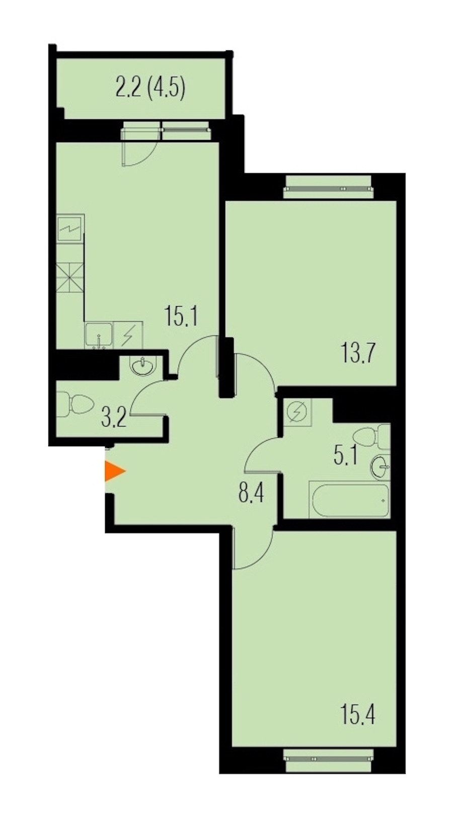 2-комнатная, 63 м² — ЖК ЖК Жемчужный Каскад