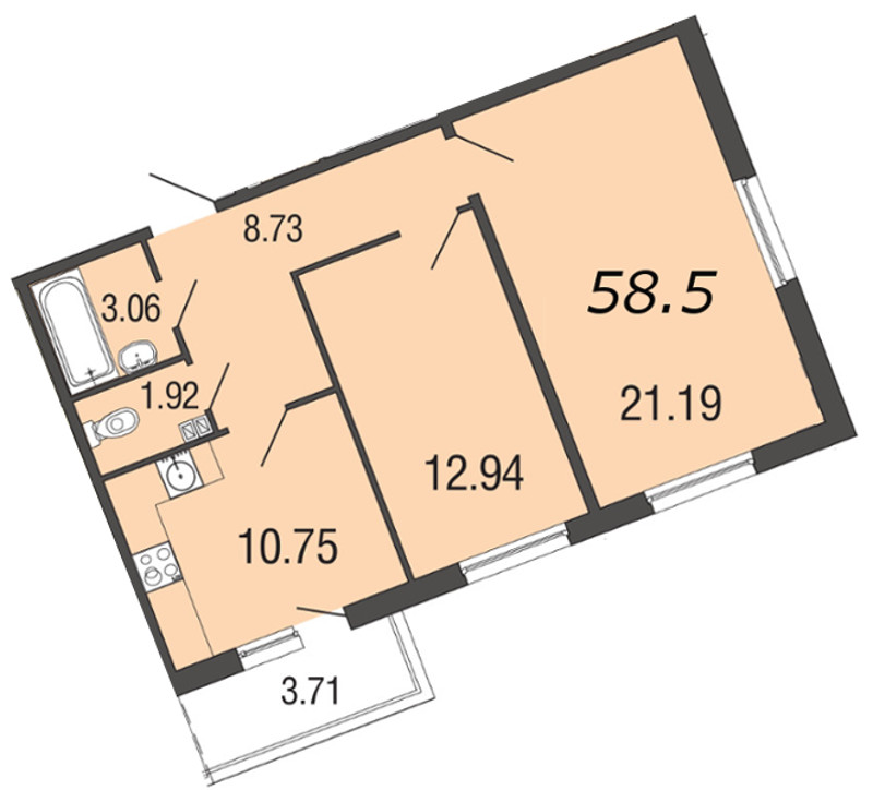 2-комнатная, 58 м² — ЖК ЖК ЭкоСити