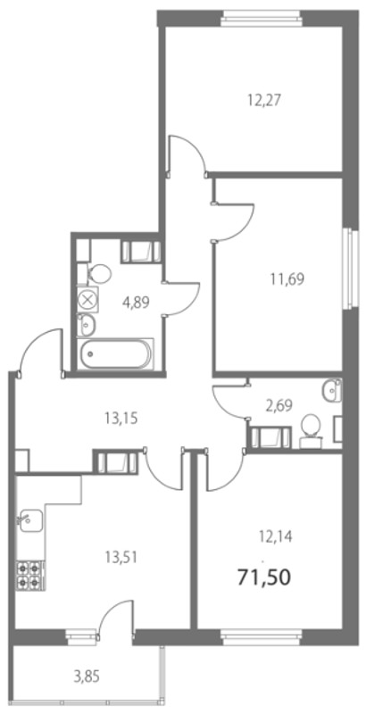 3-комнатная, 72 м² — ЖК ЖК Крылья