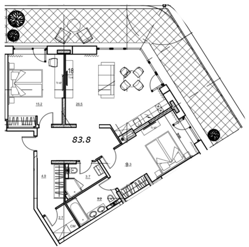 2-комнатная, 97 м² — ЖК Апарт-отель Ye's Marata (Йес Марата)