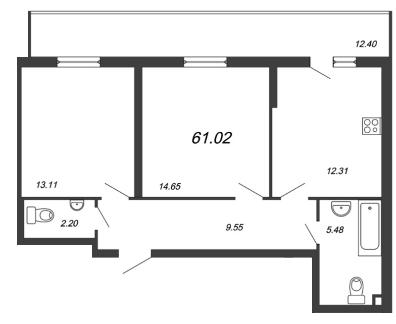 2-комнатная, 61 м² — ЖК Ап-квартал Комендантский (Up-квартал Комендантский)