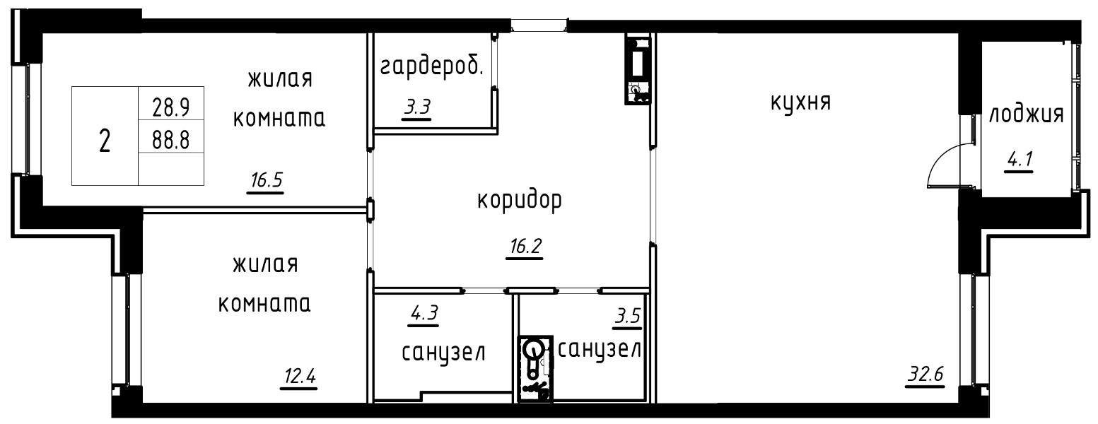 2-комнатная, 91 м² — ЖК ЖК Лайф Лесная