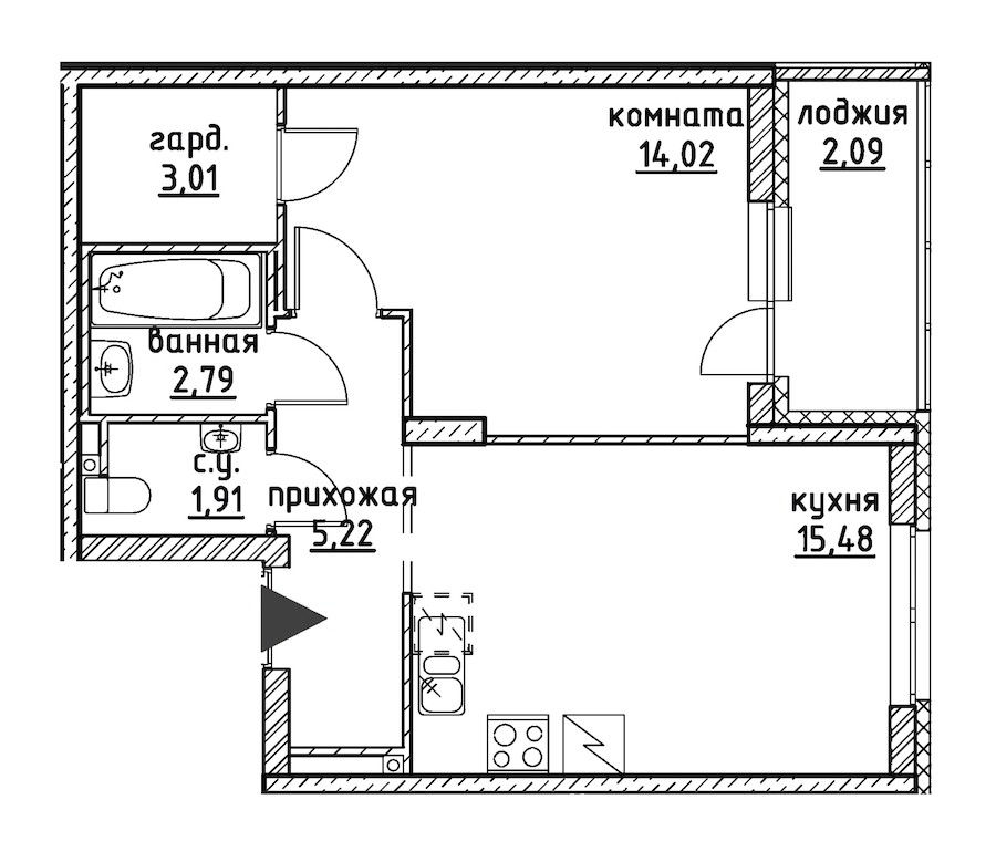 1-комнатная, 45 м² — ЖК ЖК Айди Кудрово (ID Kudrovo)