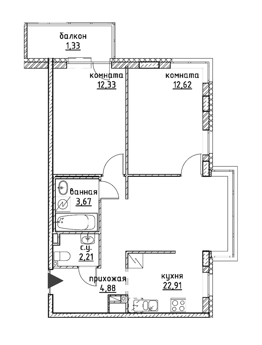 2-комнатная, 60 м² — ЖК ЖК Айди Кудрово (ID Kudrovo)
