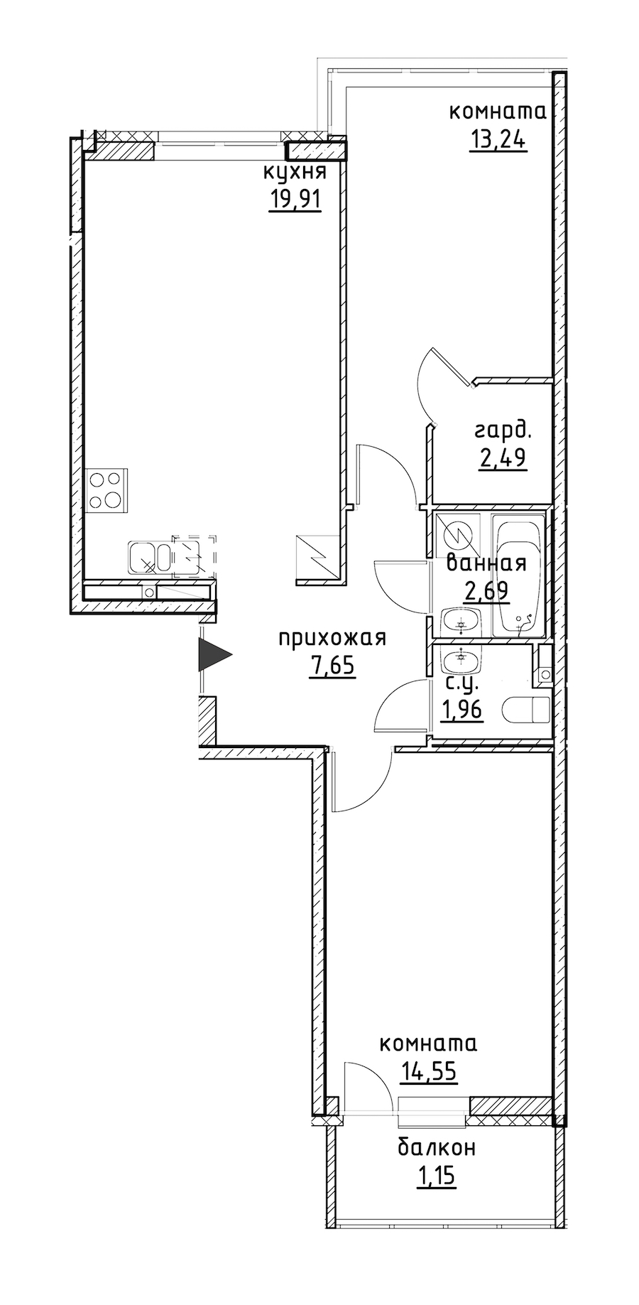 2-комнатная, 64 м² — ЖК ЖК Айди Кудрово (ID Kudrovo)