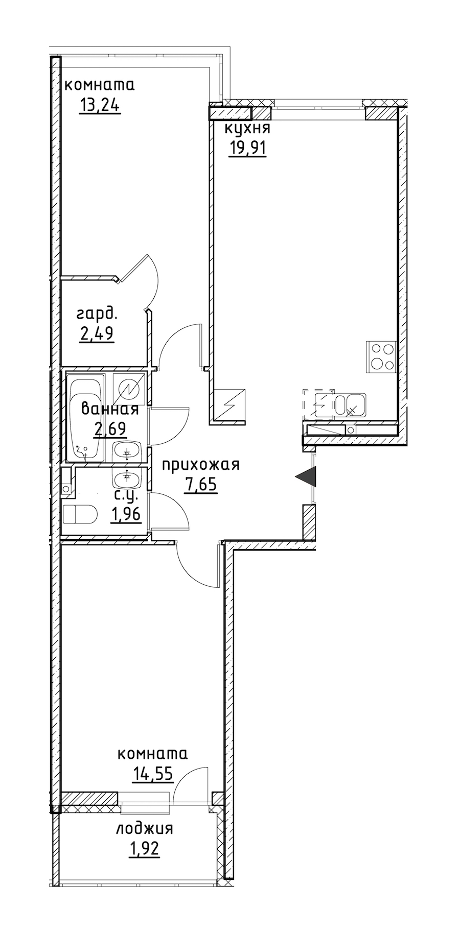 2-комнатная, 64 м² — ЖК ЖК Айди Кудрово (ID Kudrovo)