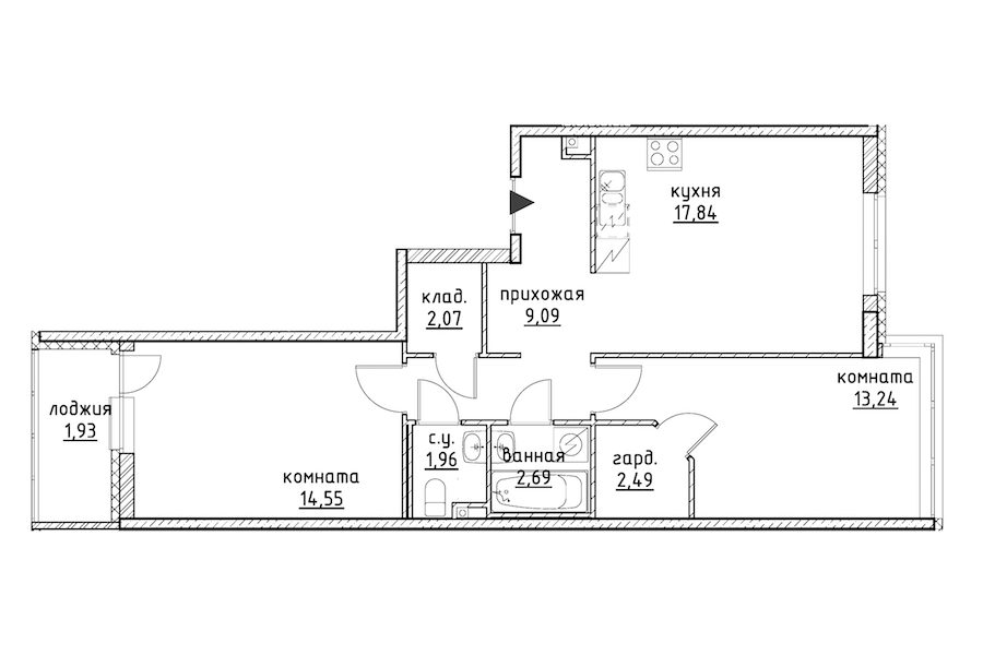 2-комнатная, 66 м² — ЖК ЖК Айди Кудрово (ID Kudrovo)