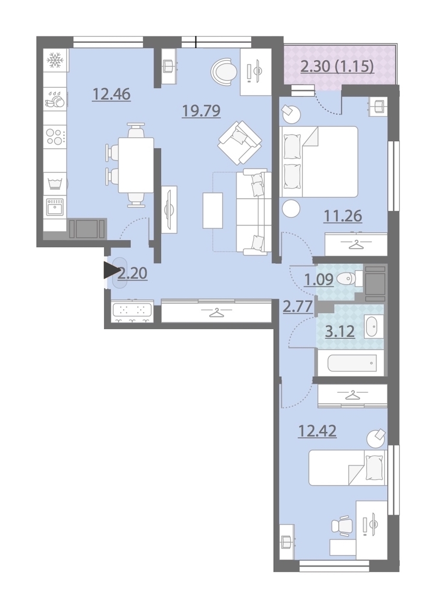 3-комнатная, 66 м² — ЖК ЖК Ручьи